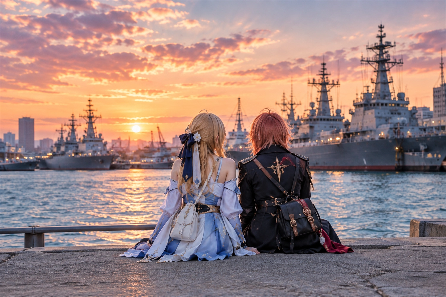 港の夕景を眺めるコスプレイヤー2人