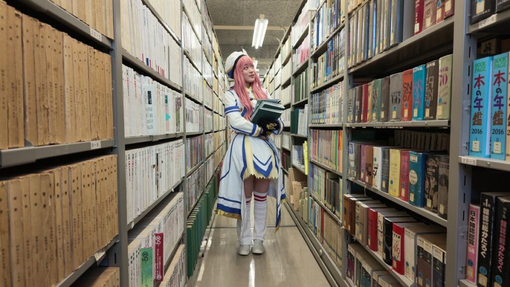 図書館の書架の間に立つコスプレイヤー